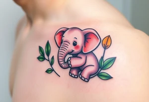 A baby elephant holding its parent’s trunk, surrounded by soft green leaves and warm earth tones, symbolizing guidance and protection tattoo idea