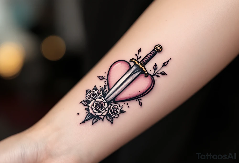 dagger piercing a heart with roses tattoo idea