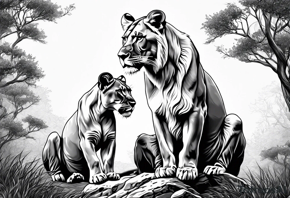 Lioness on her hind legs
 protecting her two cubs tattoo idea