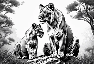 Lioness on her hind legs
 protecting her two cubs tattoo idea