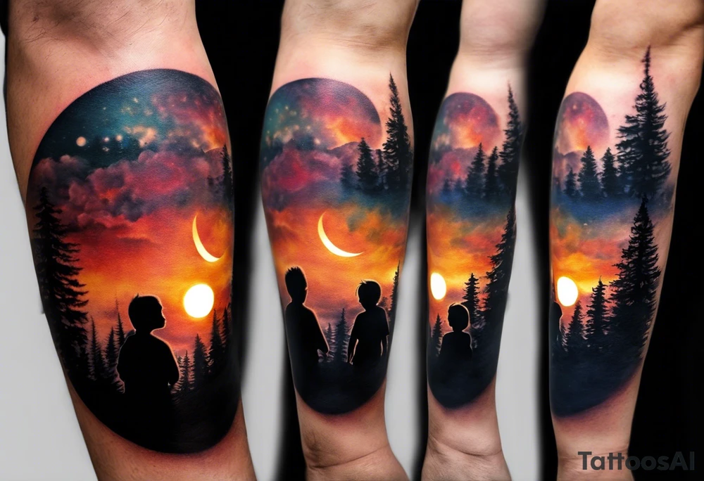 Tattoo of a family of four on a male forearm 
- dad, mom and two boys around a campfire.  Background is a sunset at the bottom, night at the top with a big beautiful moon. I would like the tattoo to be encased in a circle with the words "All that I need is the air that I breathe, and all that I need are things I don't need, and all that really matters is what matters to me". tattoo idea