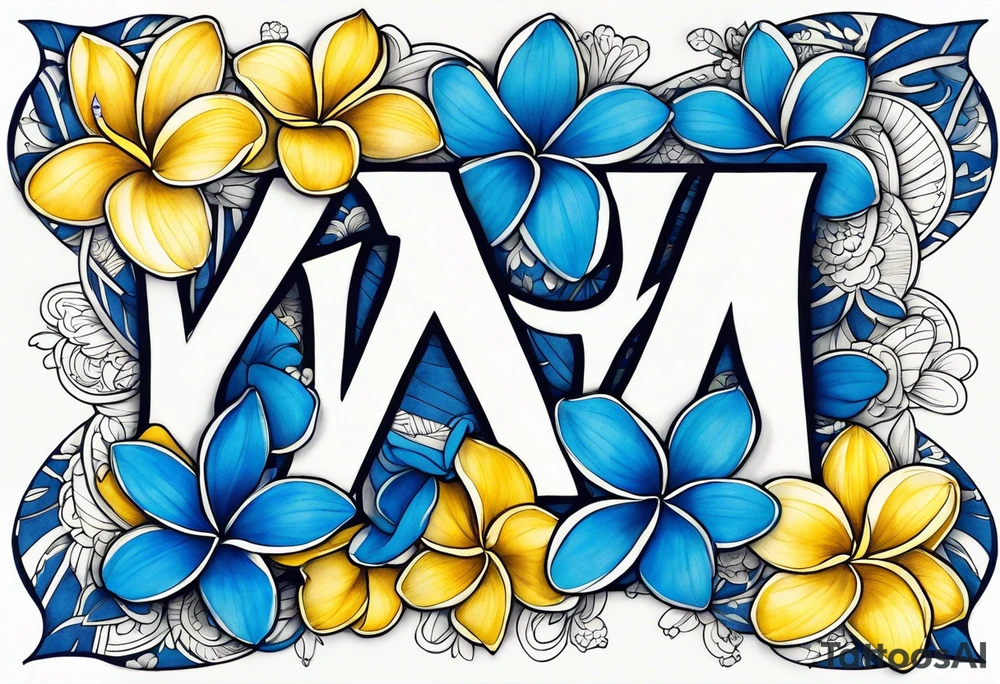 The word ohana surrounded by 
two blue plumerias, two yellow plumerias tattoo idea