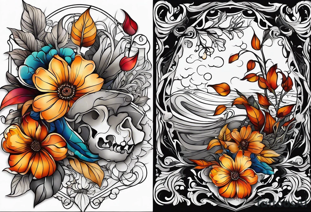 arm sleeve with fall colors, flowers, water, leaves and various shapes tattoo idea
