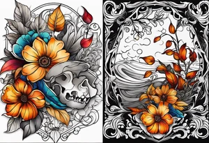 arm sleeve with fall colors, flowers, water, leaves and various shapes tattoo idea