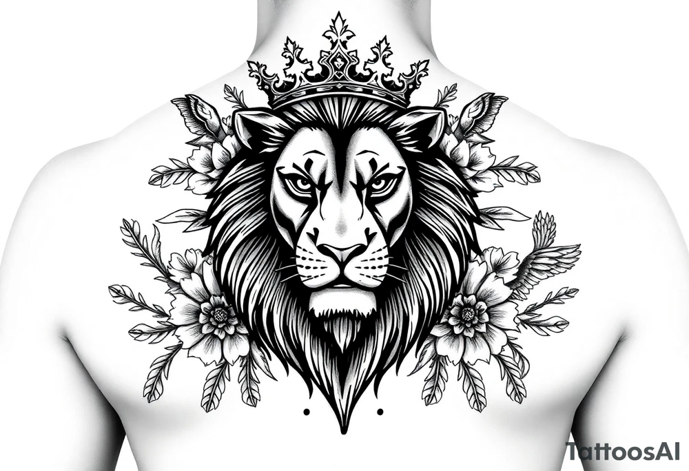 powerful majestic lion with a crown, surrounded by floral ornaments and birds tattoo idea