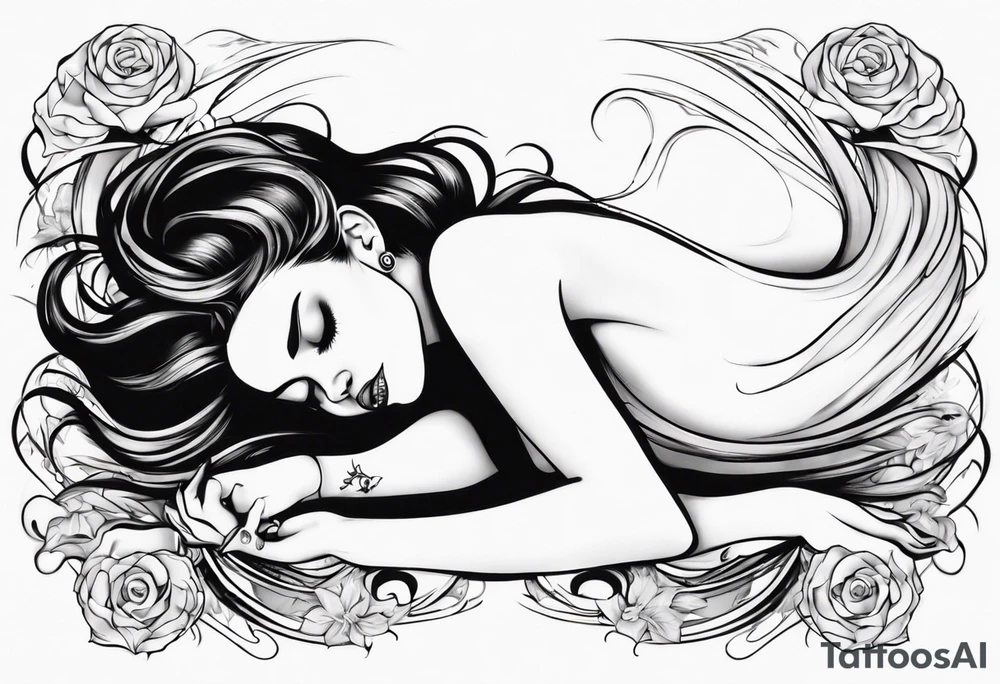 woman laying with her back facing the front and her hair flowing tattoo idea