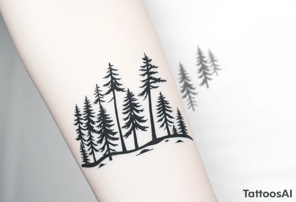 Densely wooded area full of tall pine trees growing from a black ground tattoo idea