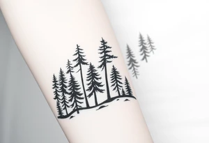 Densely wooded area full of tall pine trees growing from a black ground tattoo idea