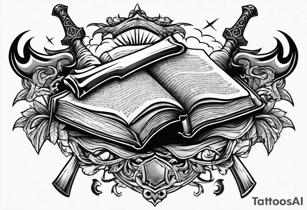 An opened bible with a battle Axe tattoo idea