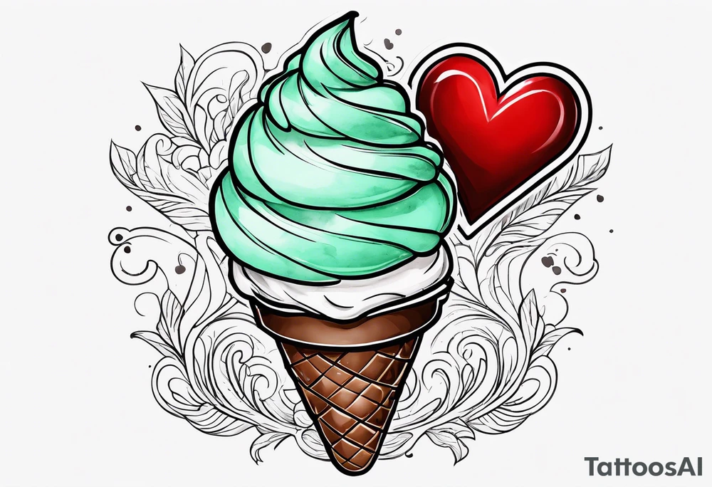 simple mint chocolate chip ice cream cone with small red heart on it somewhere. tattoo idea