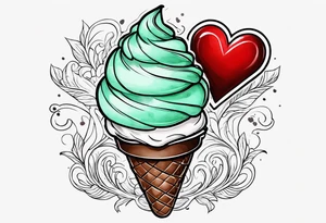 simple mint chocolate chip ice cream cone with small red heart on it somewhere. tattoo idea