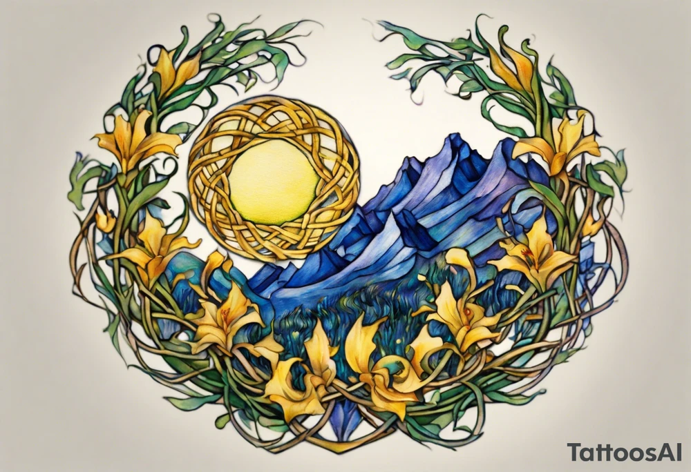 Create a small, colorful Vincent van Gogh Irises tattoo in the form of a crescent, with vines in Celtic knot style gracefully intertwining at a central point in the middle of the wreath. The intended placement is on the upper chest. The middle needs mountains. The overall design should be small in size while maintaining a delicate and artistic aesthetic. Pay attention to the graceful flow of the vines and the placement of the irises to achieve a refined and elegant look. tattoo idea