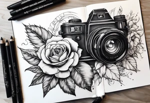Flower : rose , sunflower, camera, book tattoo idea