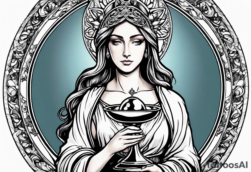 holy saint woman with halo holding a chalice tattoo idea