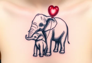 Mother elephant and a baby elephant holding a red balloon with its trunk, symbolizing childhood joy and innocence tattoo idea