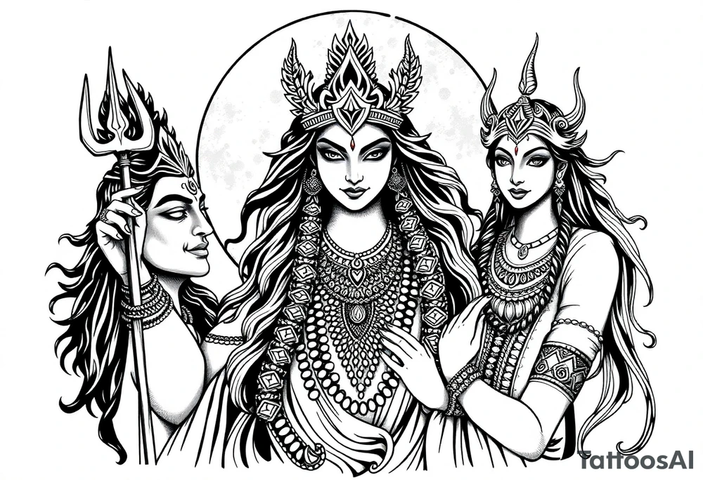 Lord Shiva, Godess Kali, Godess Lilith Together with the moon in the background tattoo idea