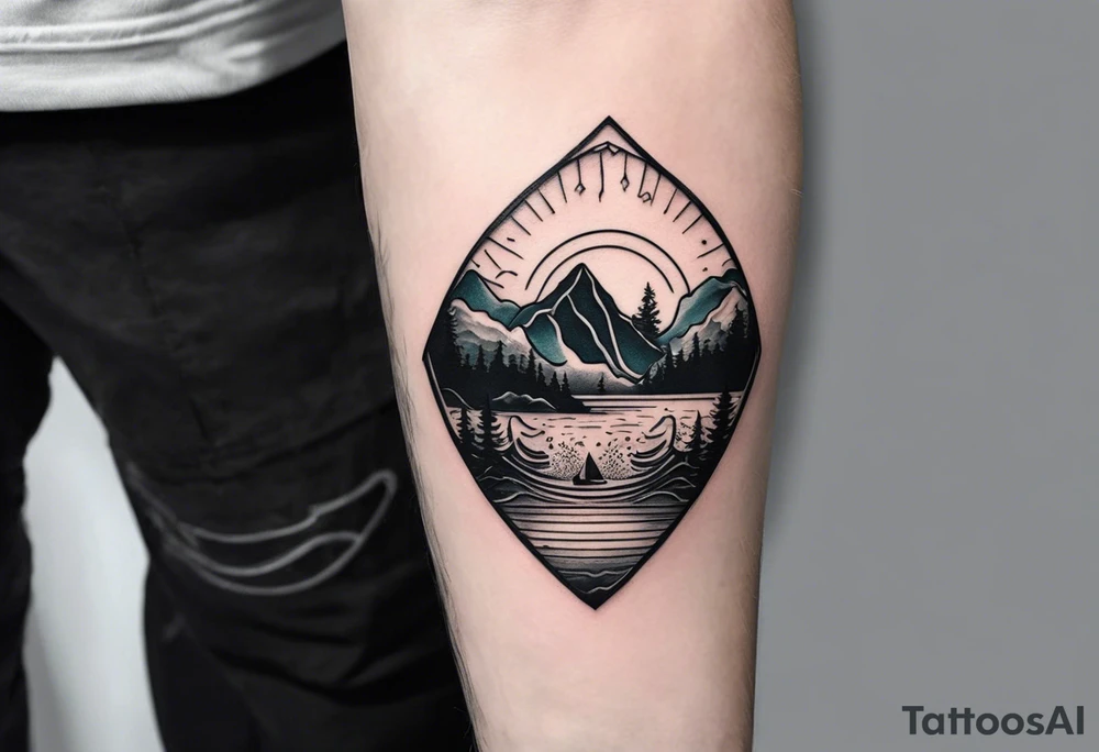 This is a minimalistic tattoo that is split into 2 sections; a top half and a bottom half. The top half is a mountain in Norway with a mountain bike trail winding down the mountain. The bottom half of the tattoo depicts an underwater scene featuring water, and sea life. tattoo idea