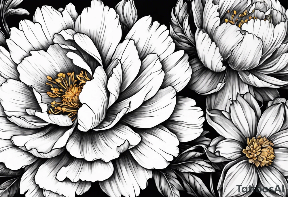 marigold, peony, and narcissus laying side by side tattoo idea