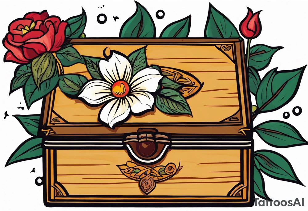 An sailor Jerry style tattoo of a vintage cigar box with one lit cigar and one flower on top tattoo idea