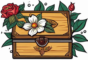 An sailor Jerry style tattoo of a vintage cigar box with one lit cigar and one flower on top tattoo idea