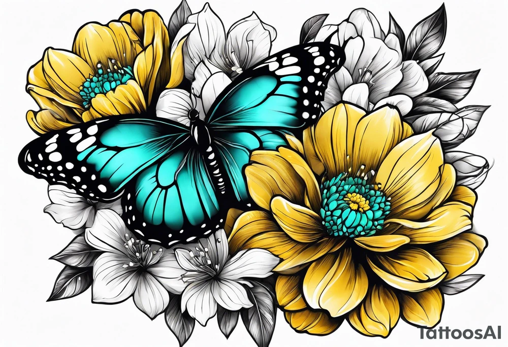 Arm sleeve with yellow and teal flowers and butterflies tattoo idea