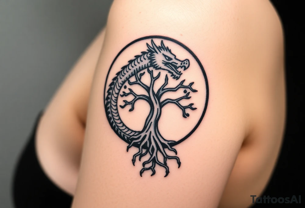 a dragon forming a circle with its body.  the dragon encircles the tree of life.  the dragon is eating the tree. the roots of the tree are strangling the tail of the dragon tattoo idea