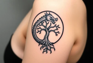 a dragon forming a circle with its body.  the dragon encircles the tree of life.  the dragon is eating the tree. the roots of the tree are strangling the tail of the dragon tattoo idea
