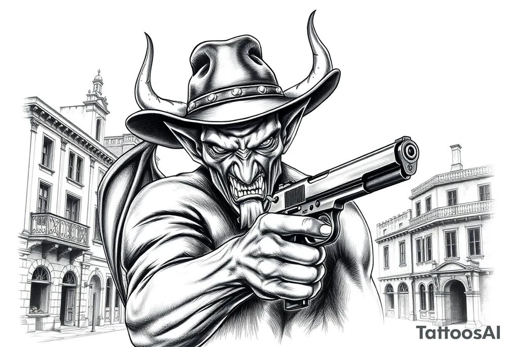 a demon with cowboy-hat ,a gun in a hand, old buildings in the background. tattoo idea