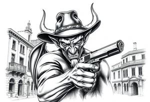 a demon with cowboy-hat ,a gun in a hand, old buildings in the background. tattoo idea