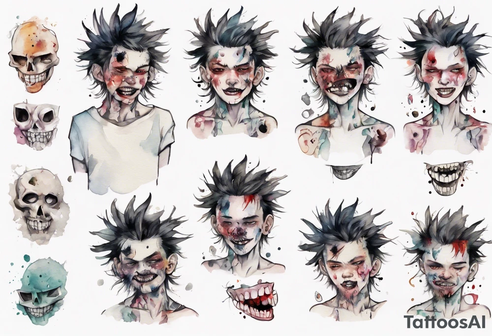 a pale biped with messy hair, black eyes, and mouth full of broken teeth tattoo idea