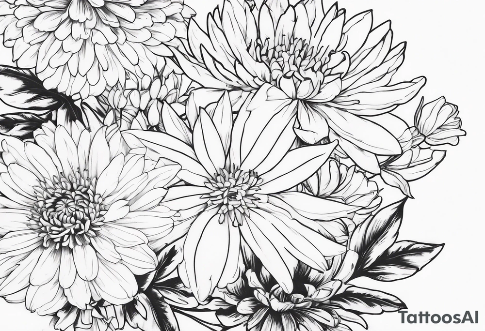 Asters, roses, Lillies, chrysanthemums in a long line tattoo idea