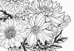 Asters, roses, Lillies, chrysanthemums in a long line tattoo idea