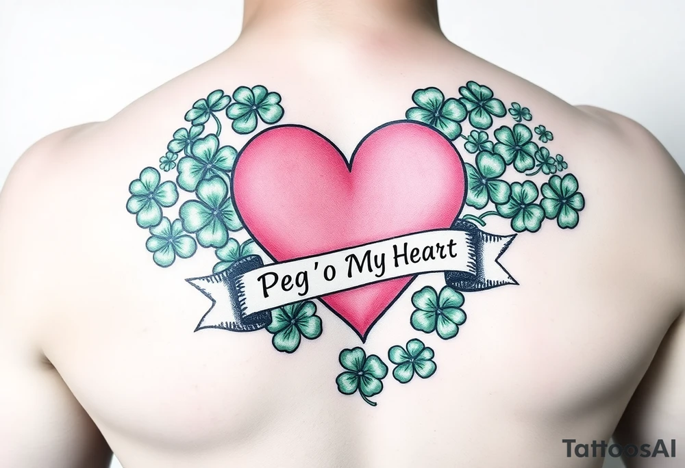 A lot of green shamrocks with a big Pink heart and a banner across the heart that says Peg 'o My Heart tattoo idea