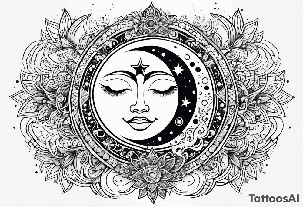 Feminine Sun and moon. Freeform rectangular sternum swirls with dots and stars tattoo idea