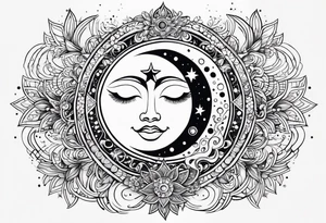 Feminine Sun and moon. Freeform rectangular sternum swirls with dots and stars tattoo idea
