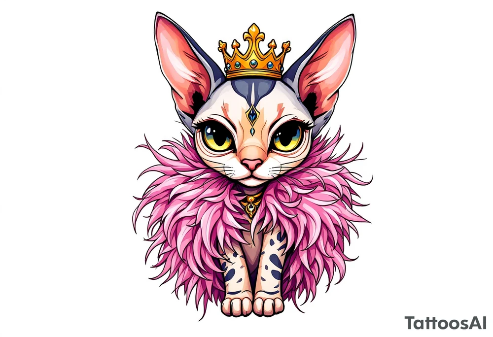 Chibi new school Glamorous sphinx cat with a pink feather boa and wearing a crown tattoo idea