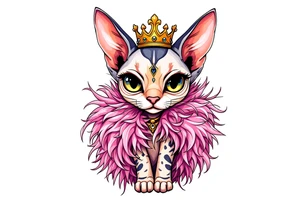 Chibi new school Glamorous sphinx cat with a pink feather boa and wearing a crown tattoo idea