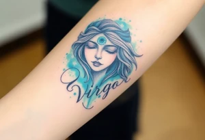 A serene goddess with closed eyes and a third eye glowing on her forehead, wrapped in a cosmic veil of turquise and mint dust with the word virgo tattoo idea