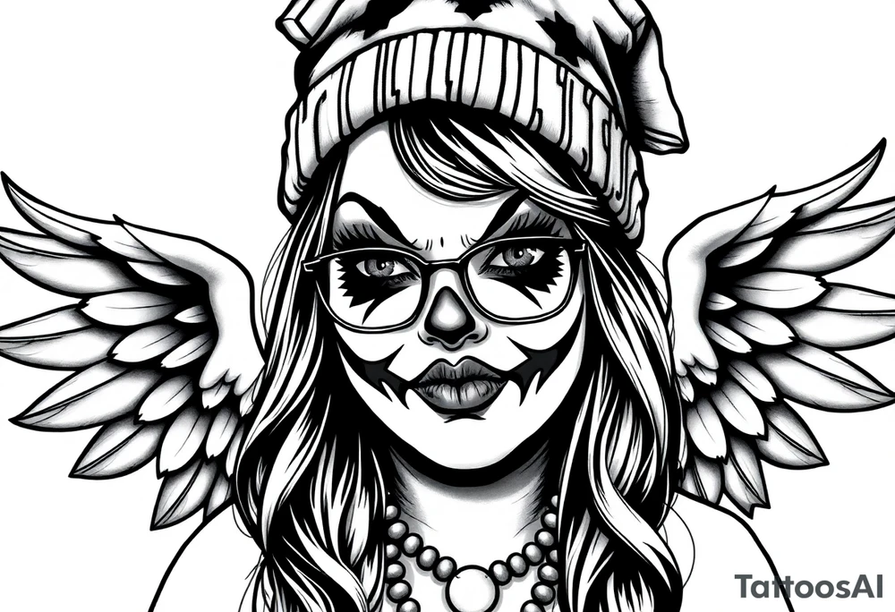 Chicana BBL fat sexy chunky plus size beautiful long hair clown makeup angel wings thug beanie eyeglasses tattoo idea