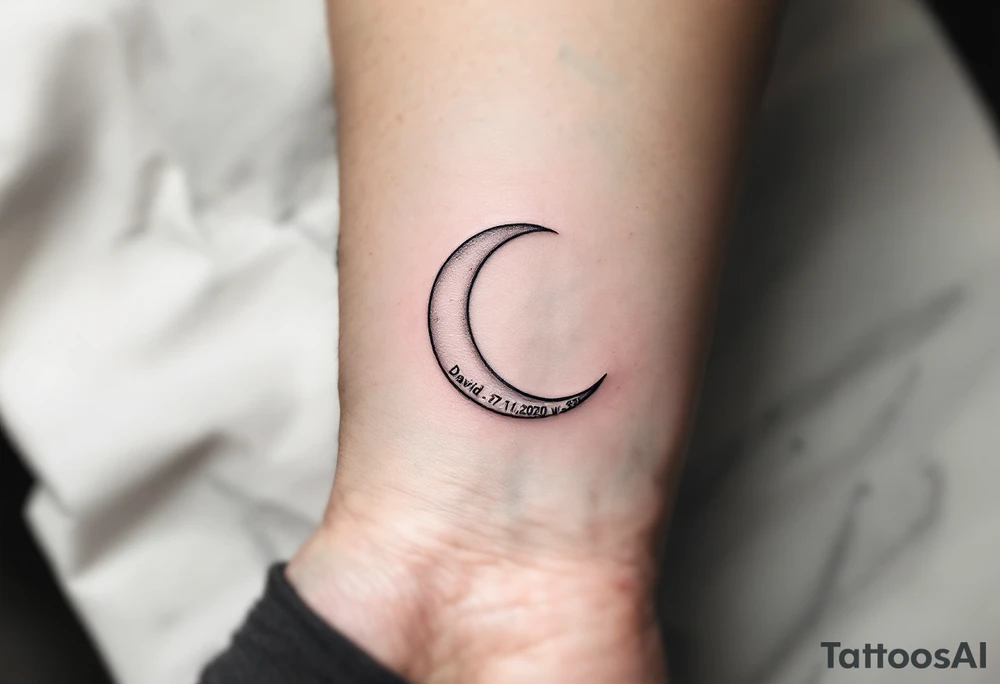 Crescent moon with "David – 27.11.2020 v 3:33" nestled in its curve, done in silver-gray and black. tattoo idea