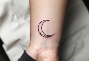 Crescent moon with "David – 27.11.2020 v 3:33" nestled in its curve, done in silver-gray and black. tattoo idea