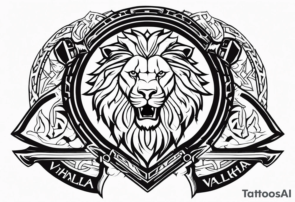 Valhalla sword shield lion 
 axe Valknut tattoo idea