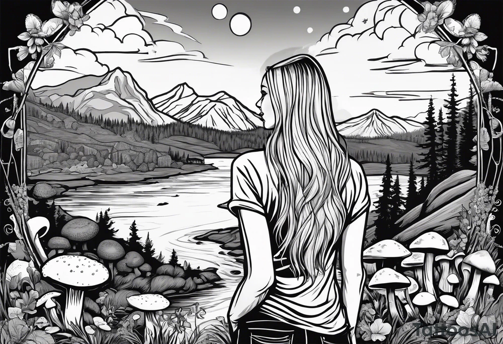 Whole picture encircled fully

Straight long blonde hair hippie girl in distance holding mushrooms in hand facing away toward mountains and creek surrounded by mushrooms long sleeve shirt and hiking pants; whole rendering within a full circle, no cut off circle tattoo idea