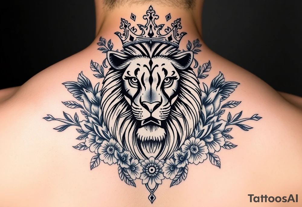 powerful majestic lion with a crown, surrounded by floral ornaments and birds tattoo idea
