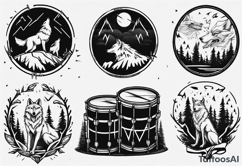 thunderstorm over a forest with a wolf howling on drums tattoo idea thunderstorm over a forest with a wolf howling on drums tattoo idea