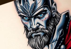 A close-up of Thor’s face from Endgame, with battle scars, glowing blue eyes, and Stormbreaker raised, in hyper-realistic shades of blue, silver, and deep red. tattoo idea