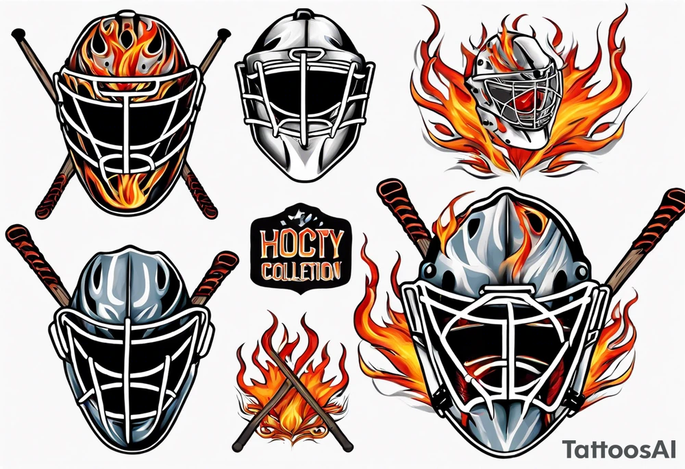 a goalie mask with crossed hockey sticks and flames that says "SHOT HOCKEY" tattoo idea