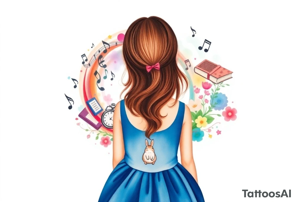Back view of the silhouette of a brown hair girl in a blue dress. She is following a small white rabbit towards a magical colorful swirl of music notes, books, and flowers. A pocket watch is at the end of the swirl. tattoo idea