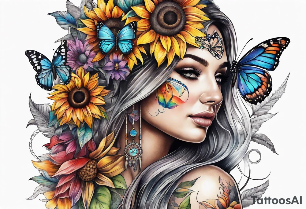 Quarter Leg sleeve with dreamcatcher, rainbow sunflowers and one butterfly tattoo idea