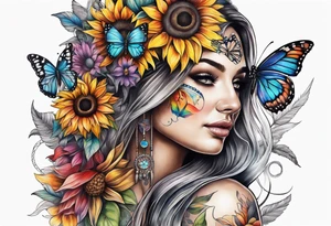Quarter Leg sleeve with dreamcatcher, rainbow sunflowers and one butterfly tattoo idea